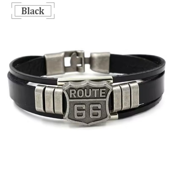 Men’s Black Genuine Leather American Route 66 Wrap Bracelet Cuff Wristband